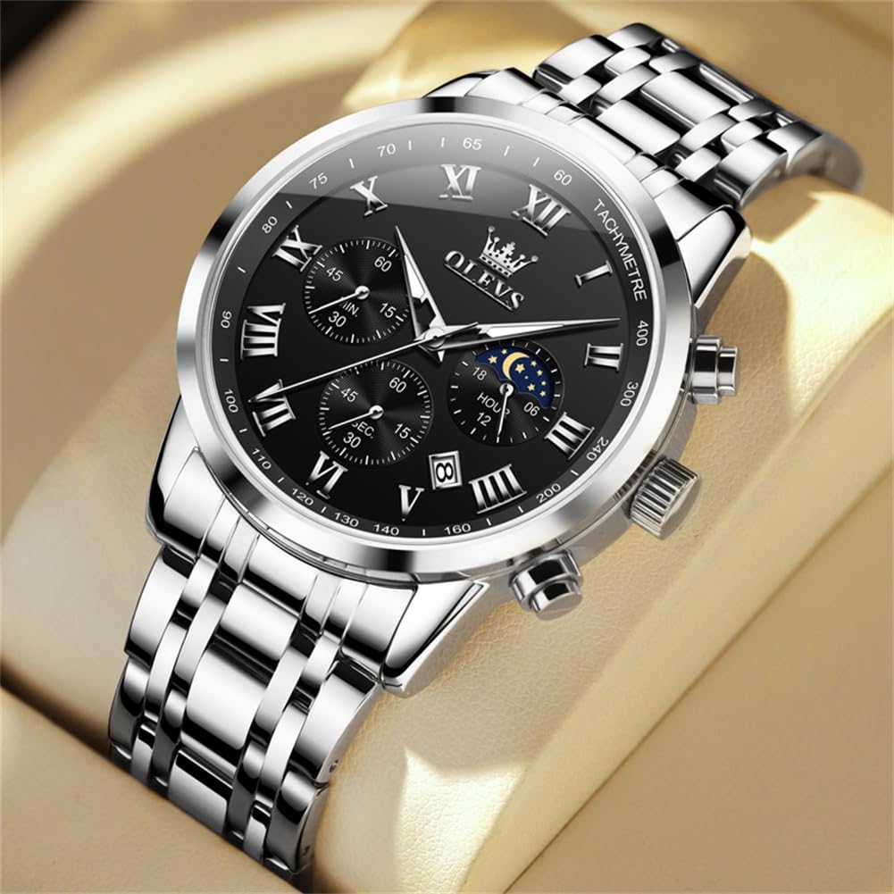 Silver Popular Waterproof Analog Quartz Watch for Stylish Stainless Steel Watch with Date Simple Large Black Stylish Moon Olevs Watch Men's Watch,