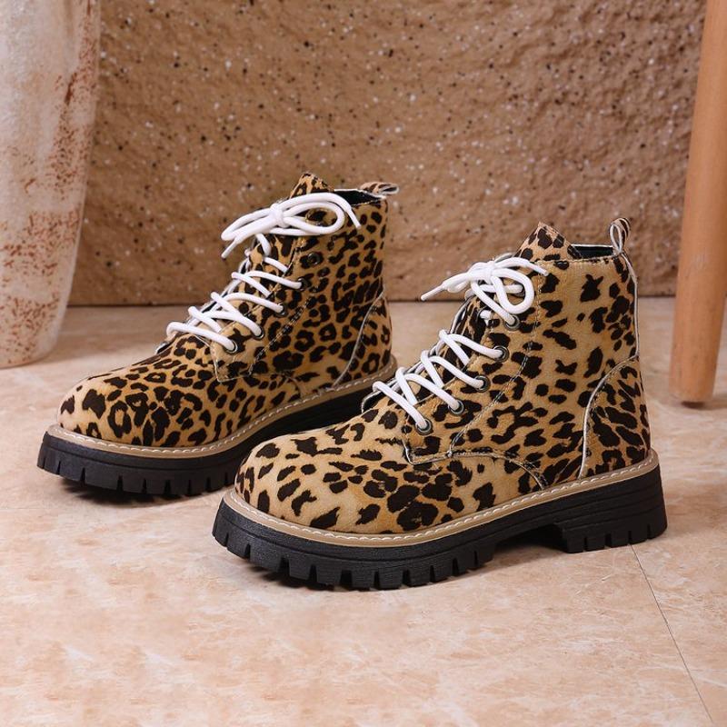 Women's Plus Size Leopard Print Combat Boots Fall New Platform Chunky Heel Lace-Up Non-Slip Fashion Boots