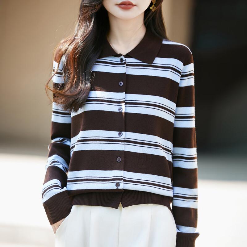 Zhenxu Damen Wollmischung Gestreifter Polo-Strickjacke