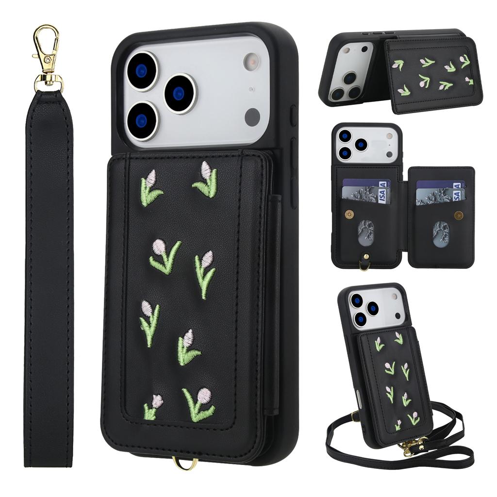 Crossbody Zipper Cards Solt Wallet Embroidery Leather Case for iPhone 17 Pro Max 16 Plus 15 14 13 12 Book Stand Skin Feel Cover