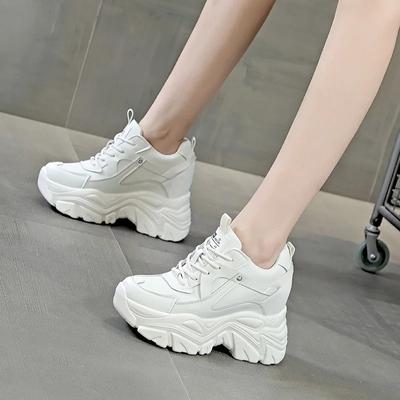 Fashion 9CM Genuine Leather  Women Fashion Chunky Sneakers Spring Summer Autumn Breathable Platform Wedge Shoes Walking Sneakers Fashion