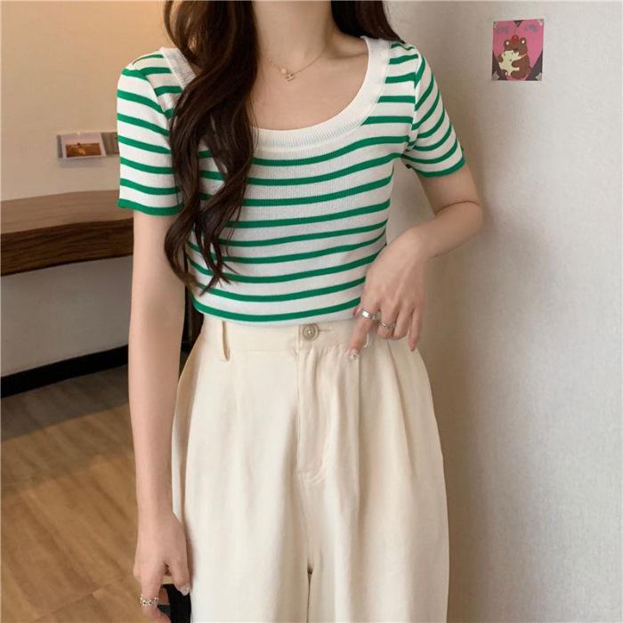 Women's French-Style Black & White Striped U-Neck Square-Shoulder Short-Sleeve Summer T-Shirt