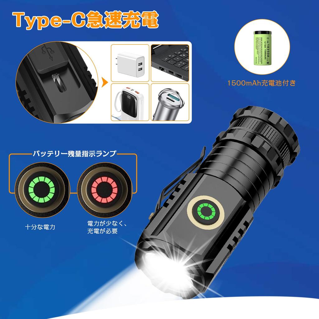 1000lm High Brightness LED and Powerful LED 1500mAh Rechargeable 5 Lighting Handheld COB Work IPX5 Pocket Clip with Alloy Perfect for Disaster Outdoor