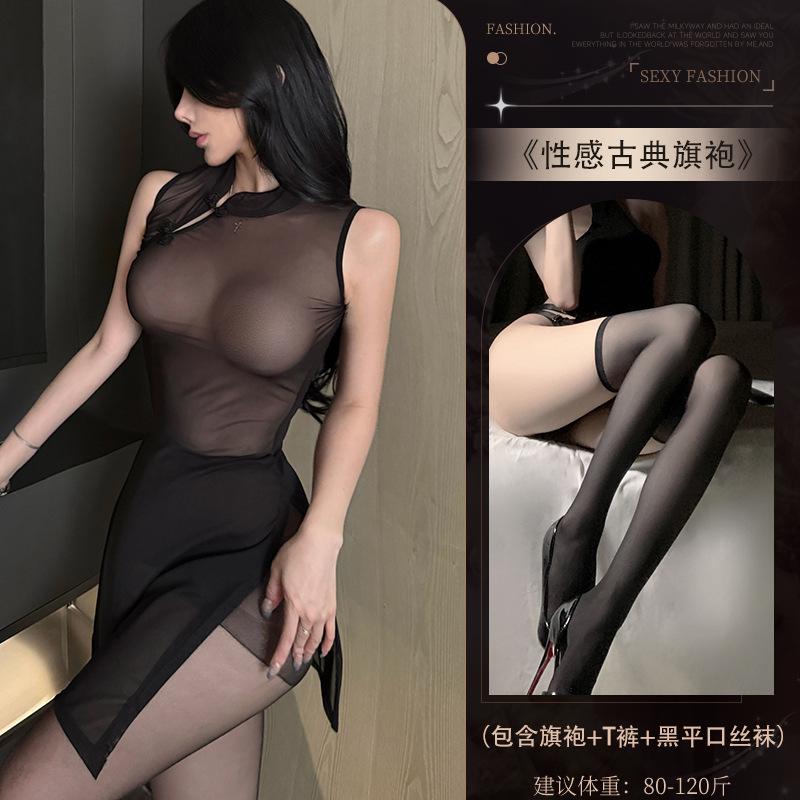 Sexy Cheongsam Dress Elegant Hollowed Out Chest Mesh Transparent Nightgown Tempting Women Sweet Thin Sheer Dress Tops TSY8