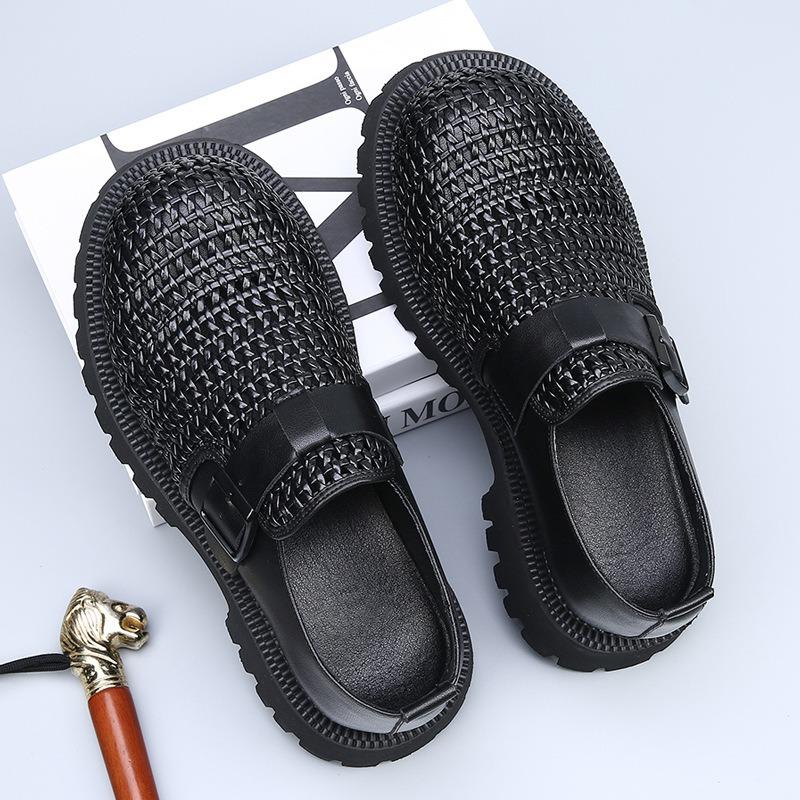 Big Head Derby Shoes Men's Advanced Sense Commuting Thick Sole Hand-woven One Pedal Hollow Breathable Casual Heightening Tide Shoes