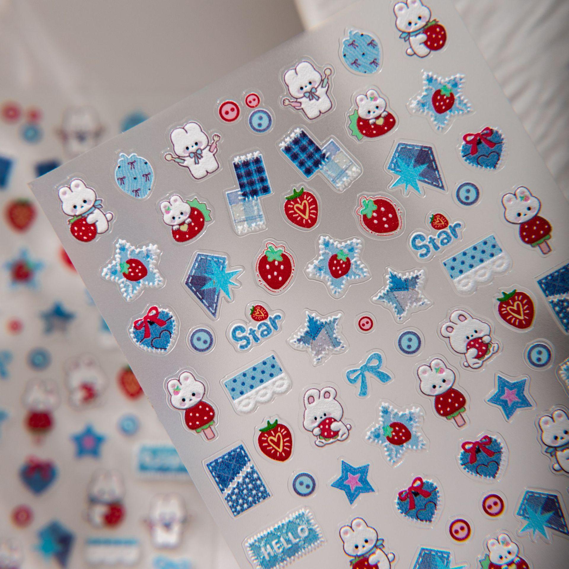 

Retro Blue Denim Bunny Nail Art Stickers with Stars, Hearts, and Bow Embossed - Perfect for DIY Journals Strawberry Bunny Patch [1 sheet]