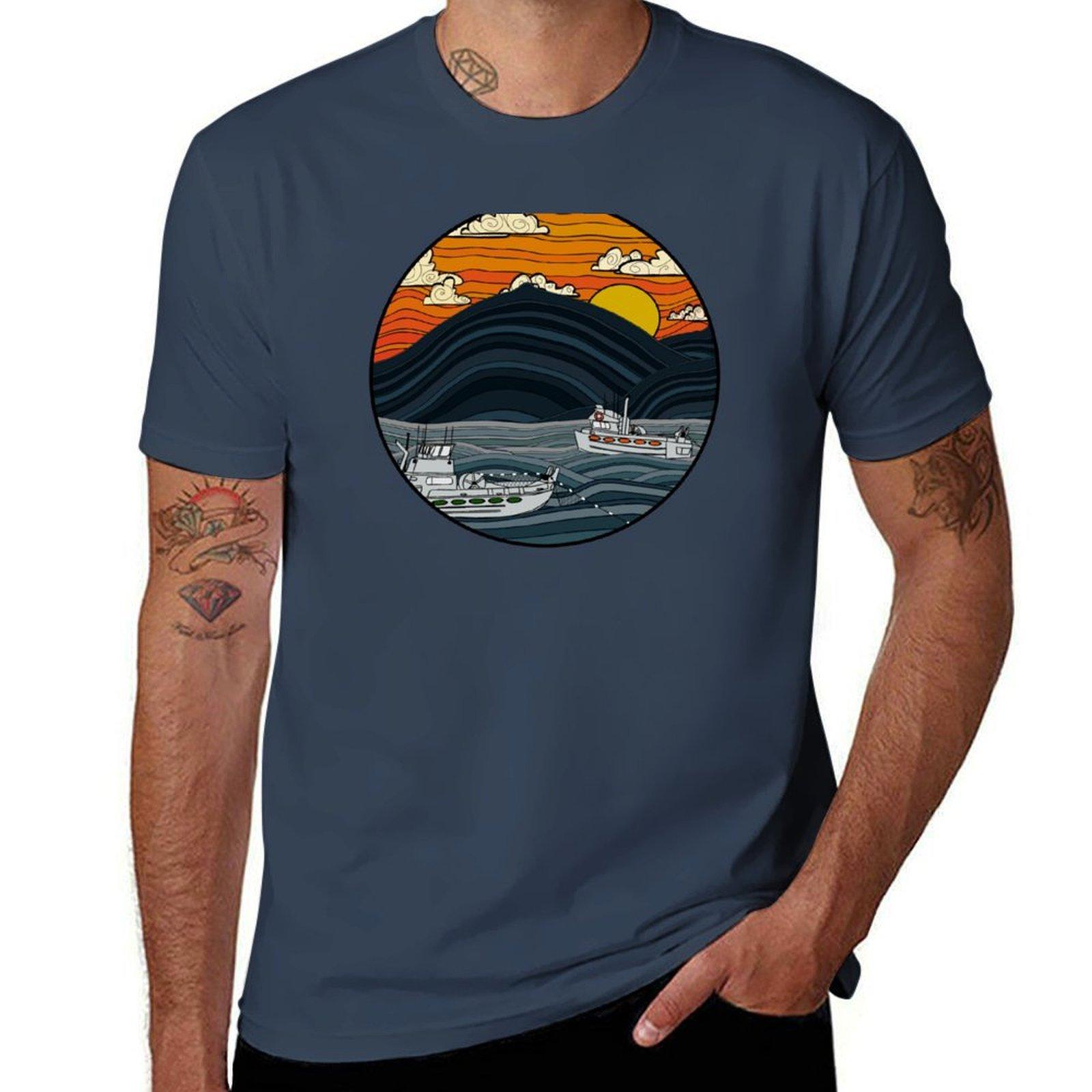 Amaq Mountain Fishing Scene Tshirt Basic Simple Design Short Sleeve Shirt S
