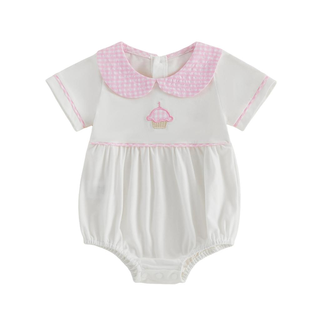 Infant Short Sleeve Jumpsuit with Floral Embroidery and Ruffle Collar for Baby Girls and Boys Summer Romper Outfit