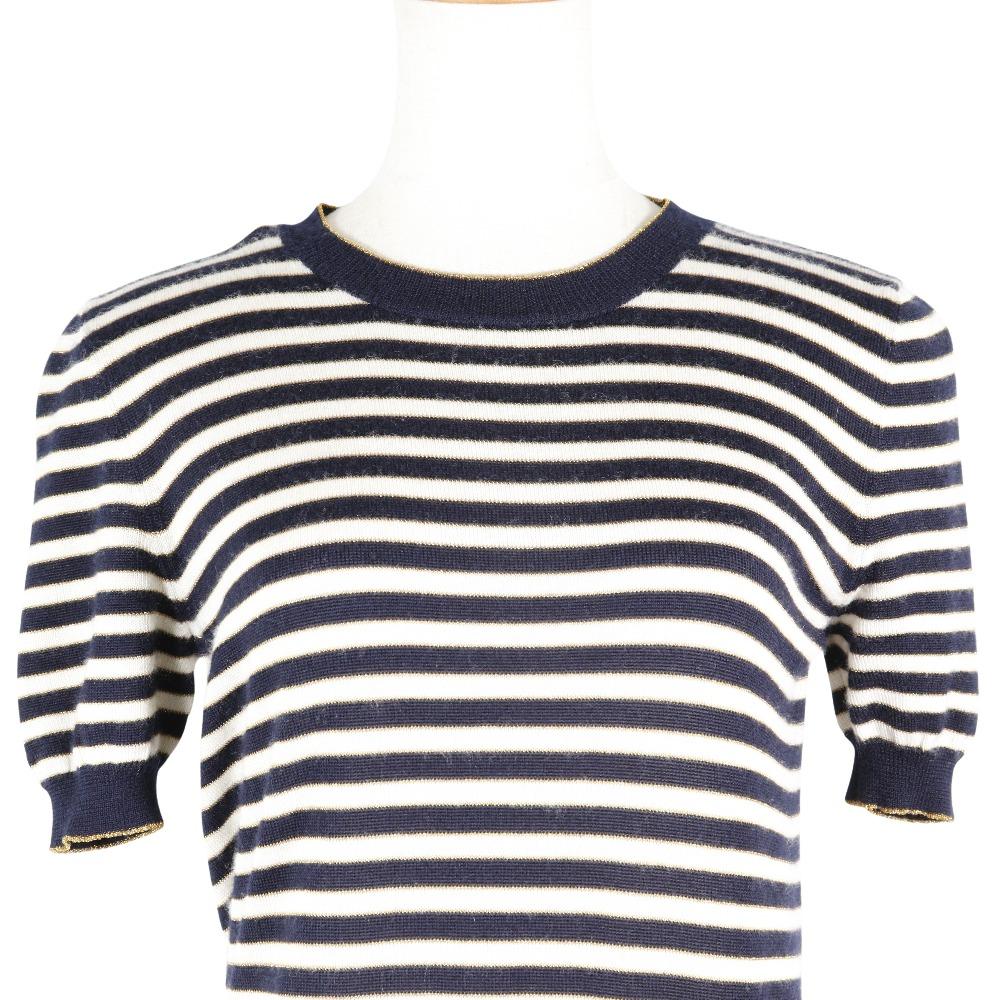 GUCCI Short sleeve knit 428050 border Navy / white cashmere/silk Women Used