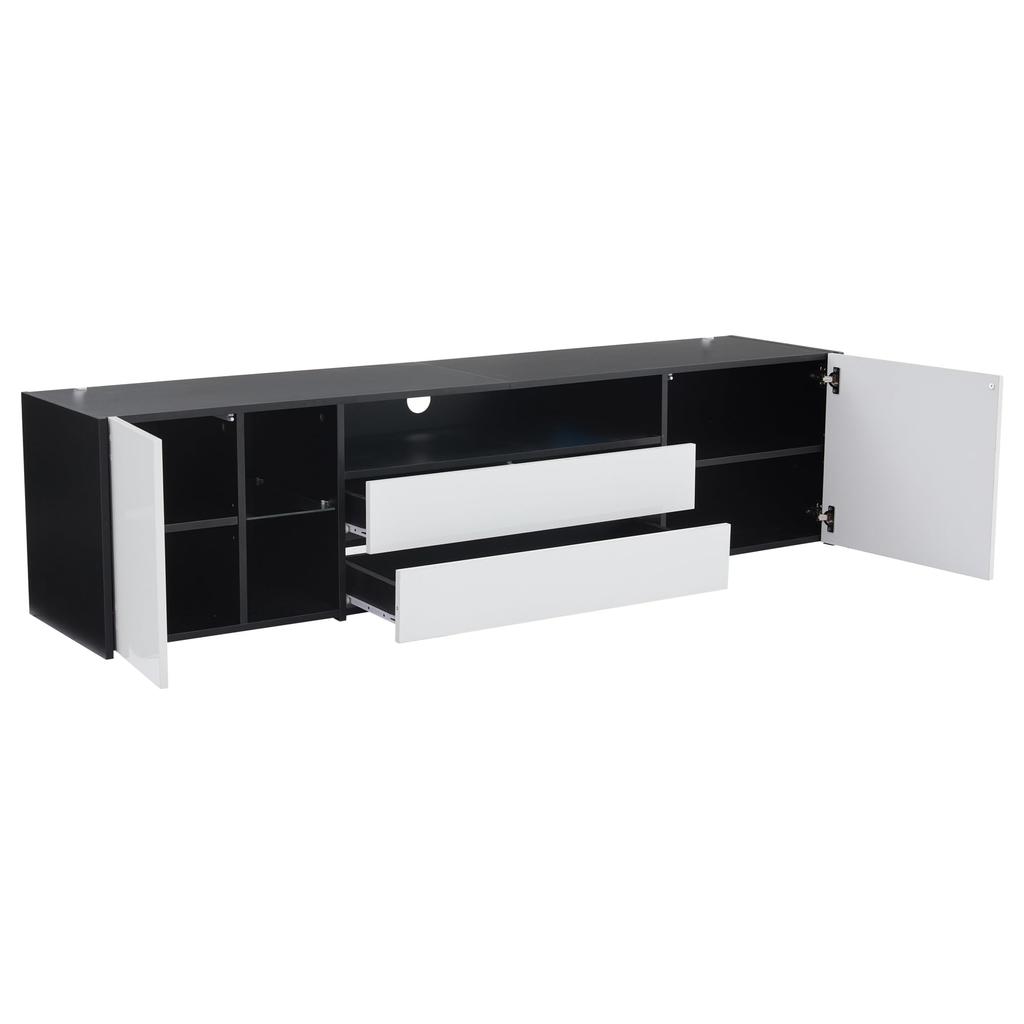 TV-Schrank LED, Hochglanz 2 Türen 2 Schubladen, TV-ständer Fernseher bis zu 75 Zoll, TV Lowboard Wohnzimmer, Esszimmer, 180cm, Schwarz & Weiß