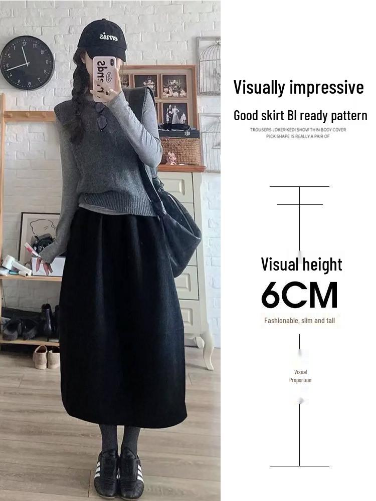 Women's 2026 Black Wool Plaid High-Waist A-line Skirt - Autumn/Winter Slimming Mid-Length