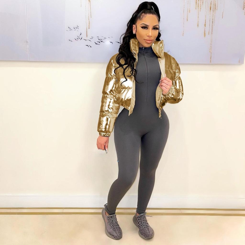 Ins Frauen Helle Vergoldung Zipper Fly Langarm Schlank Parkas Jacke Dicke Warme Winter Mode Outwear 2023 Jacken Mantel