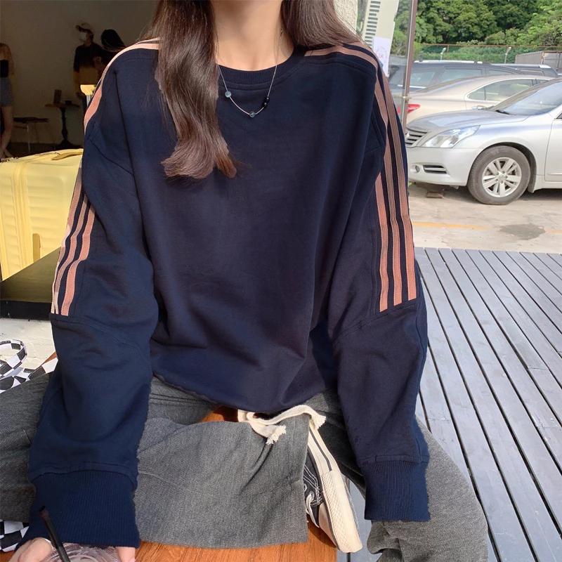 Autumn and Winter Sweatshirt Women Loose Striped Splicing Long Sleeve Tops Casual Versatile Female Winter Clothes Women