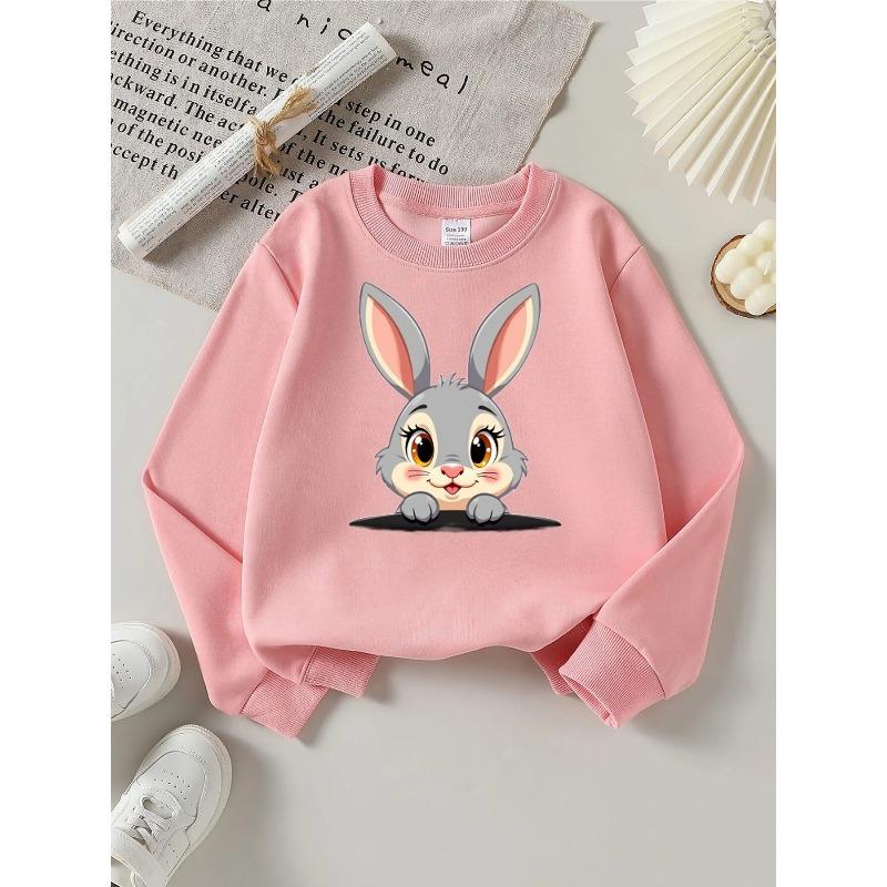 European sizes Cute Gray Bunny Face Cartoon Girls' Crewneck Sweatshirt, Western Style Long Sleeved Casual Top for Little Girls
