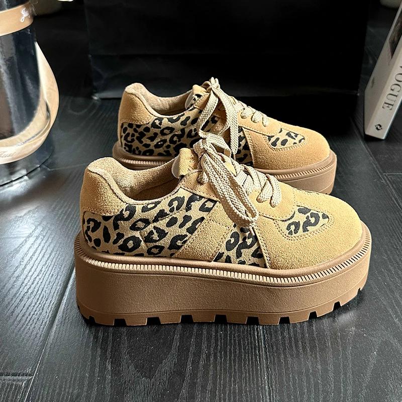 Móda 2024 Podzim Nové Boty na silné podrážce Jednoduché Dámské Kulatá špička Leopardí potisk Barevné sladění Šněrovací Vycházkové boty s nízkým svrškem