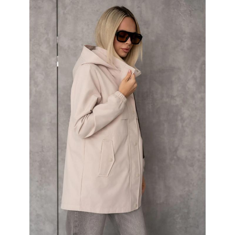 Chaqueta con capucha para mujer Cintura con cordón Botones a presión Cremallera Manga larga Bolsillos Cortavientos Longitud media Gabardina