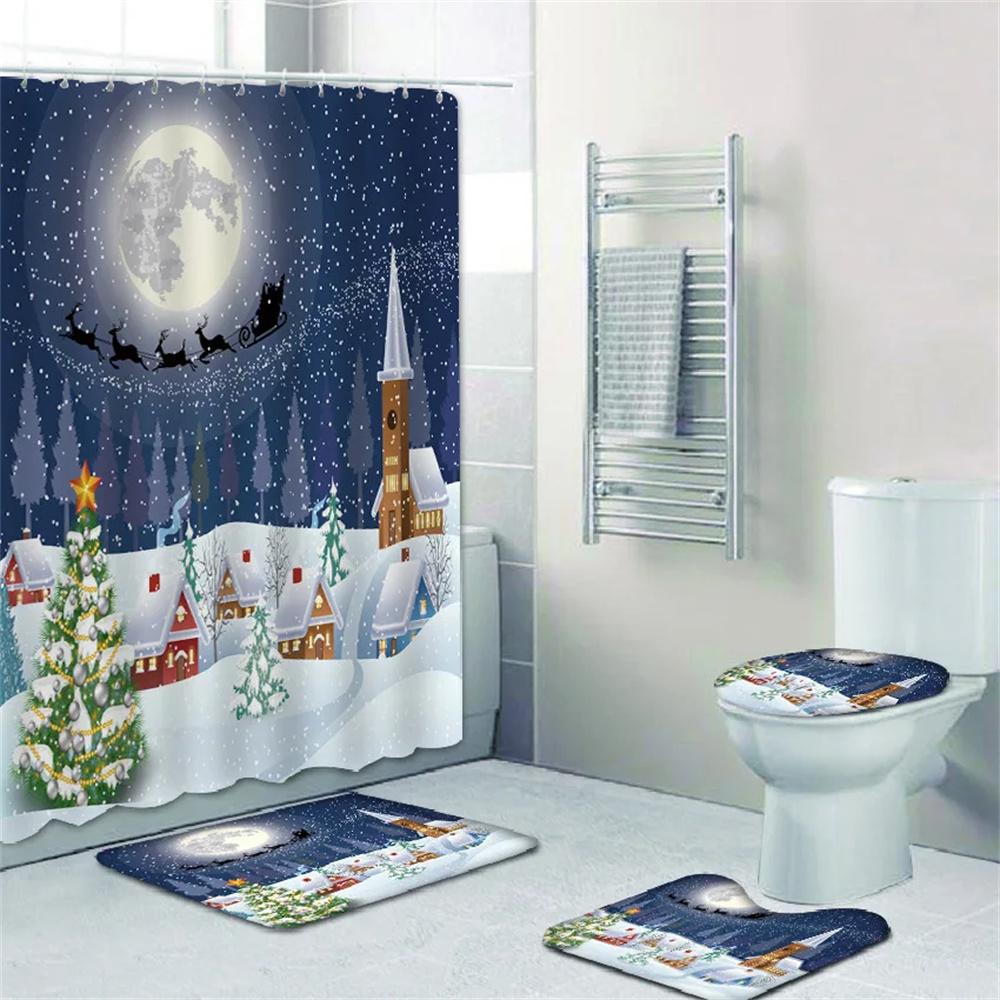 4pcs Merry Christmas Shower Curtain Polyester Shower Curtain Pedestal Rug Set Bathroom Decor Waterproof Curtain