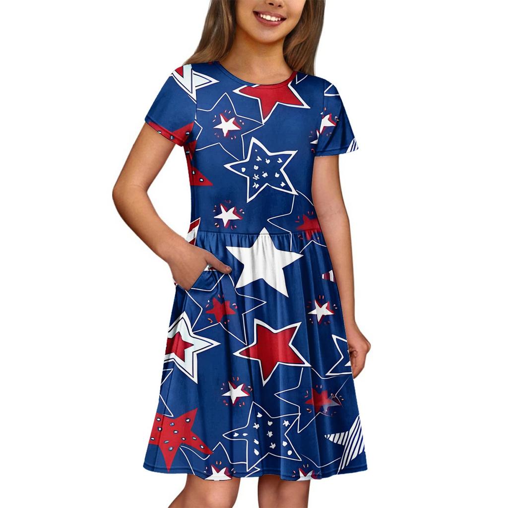 Girl Summer Dress  Solid Color & Print Sleeveless Dress With Pocket Casual Dress Shorts Sleeve Party Dress