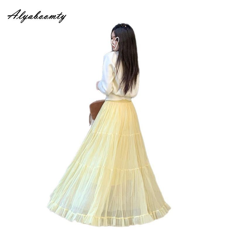 Spring Summer Women Fairy Long Skirt High Waist Gray Apricot Black Yellow Mesh Skirt Romantic Ruffles Tierred Skirts Womens