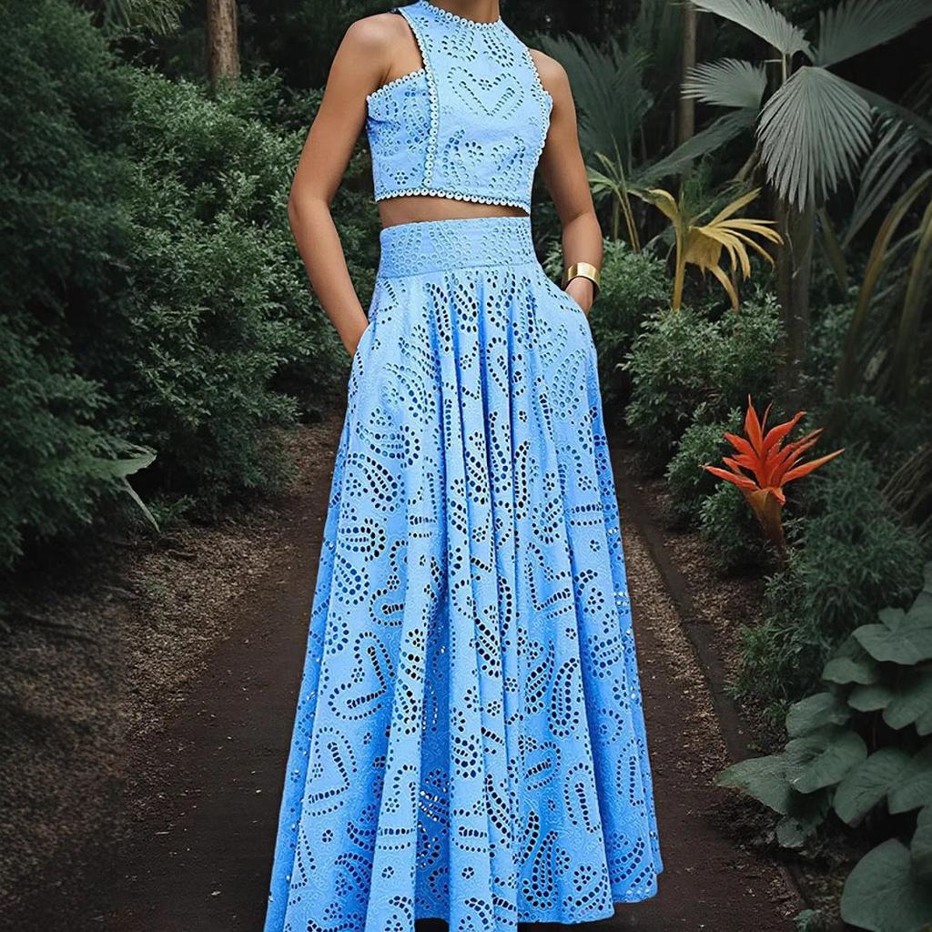 Women's Sleeveless Lace-Up Cropped Top and Maxi Skirt Set