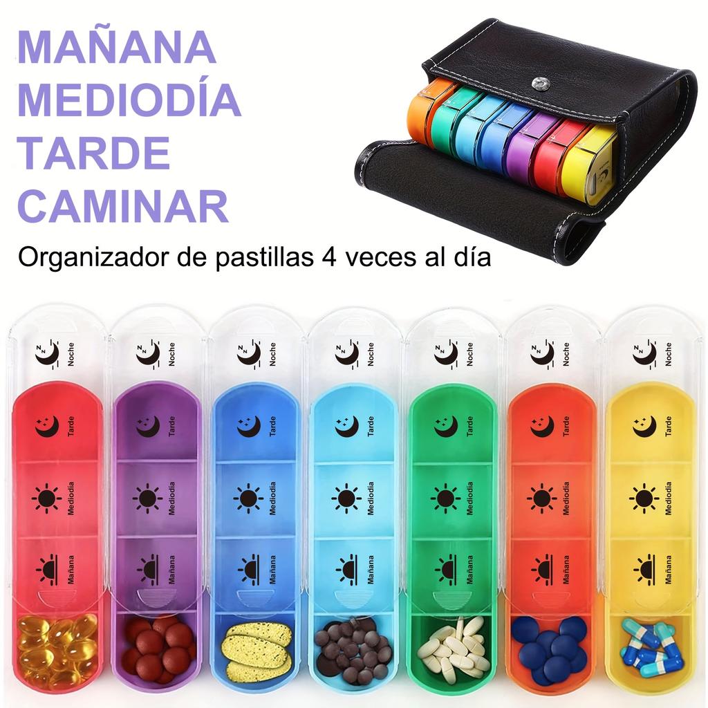 (Spanish printing)Weekly Pill Organizer Box Case Travel Medication Reminder Daily AM PM, Day Night 7 Compartments