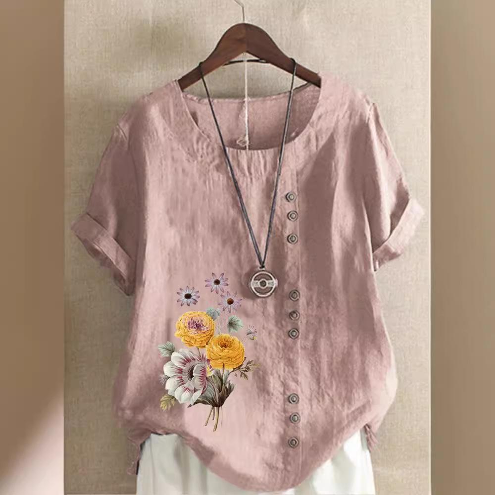 Europe and The United States Printing Cotton Linen Short-sleeved Ladies T-shirt