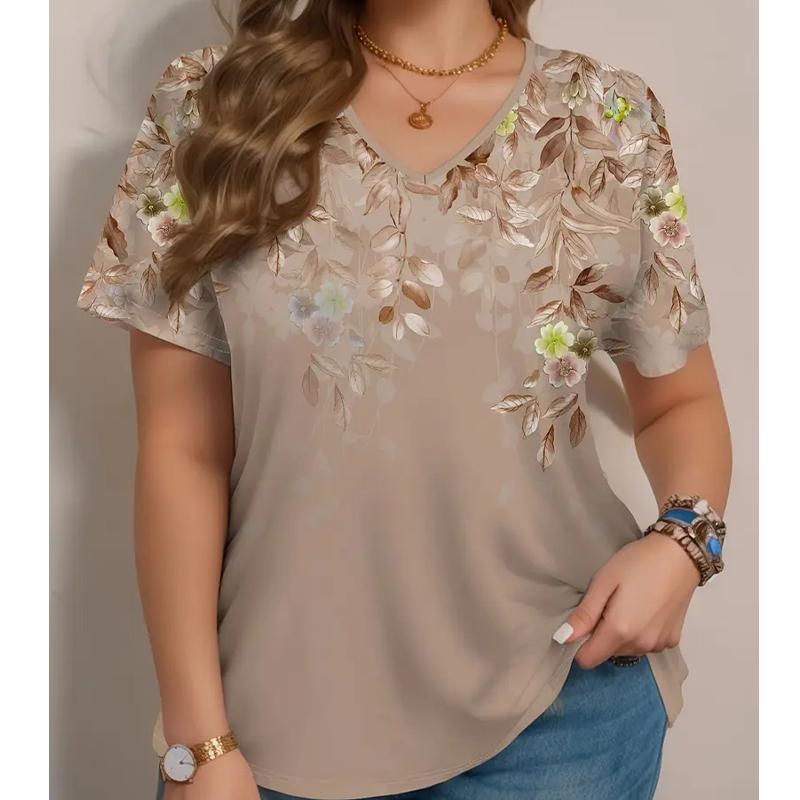 

Модные блузки с цветочной живописью, футболки с V-образным вырезом и короткими рукавами, повседневные 8XL коричневый