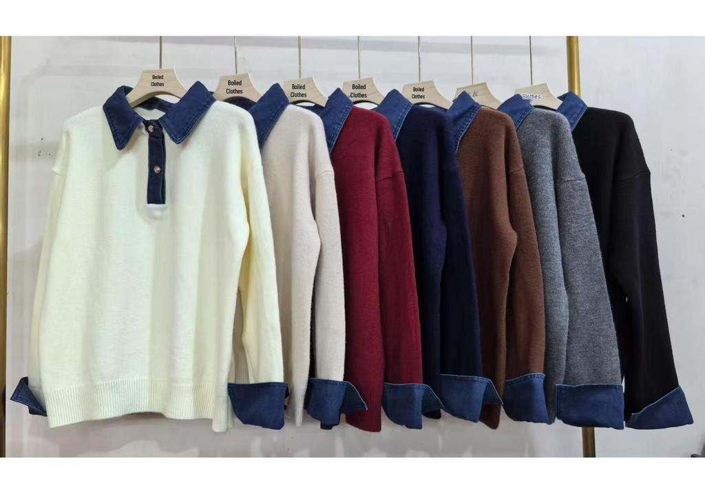 Women's Loose Denim Sleeve Patchwork Sweater - Autumn/Winter Knitwear Fashion