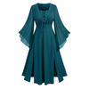 Women V Neck Long Sleeve Lace Up Maxi Dress with Split Hem and Flared Cuff Retro Style for Casual or Special Occasions