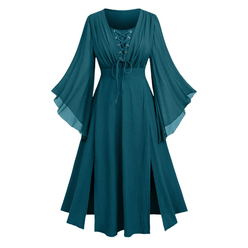 Women V Neck Long Sleeve Lace Up Maxi Dress with Split Hem and Flared Cuff Retro Style for Casual or Special Occasions