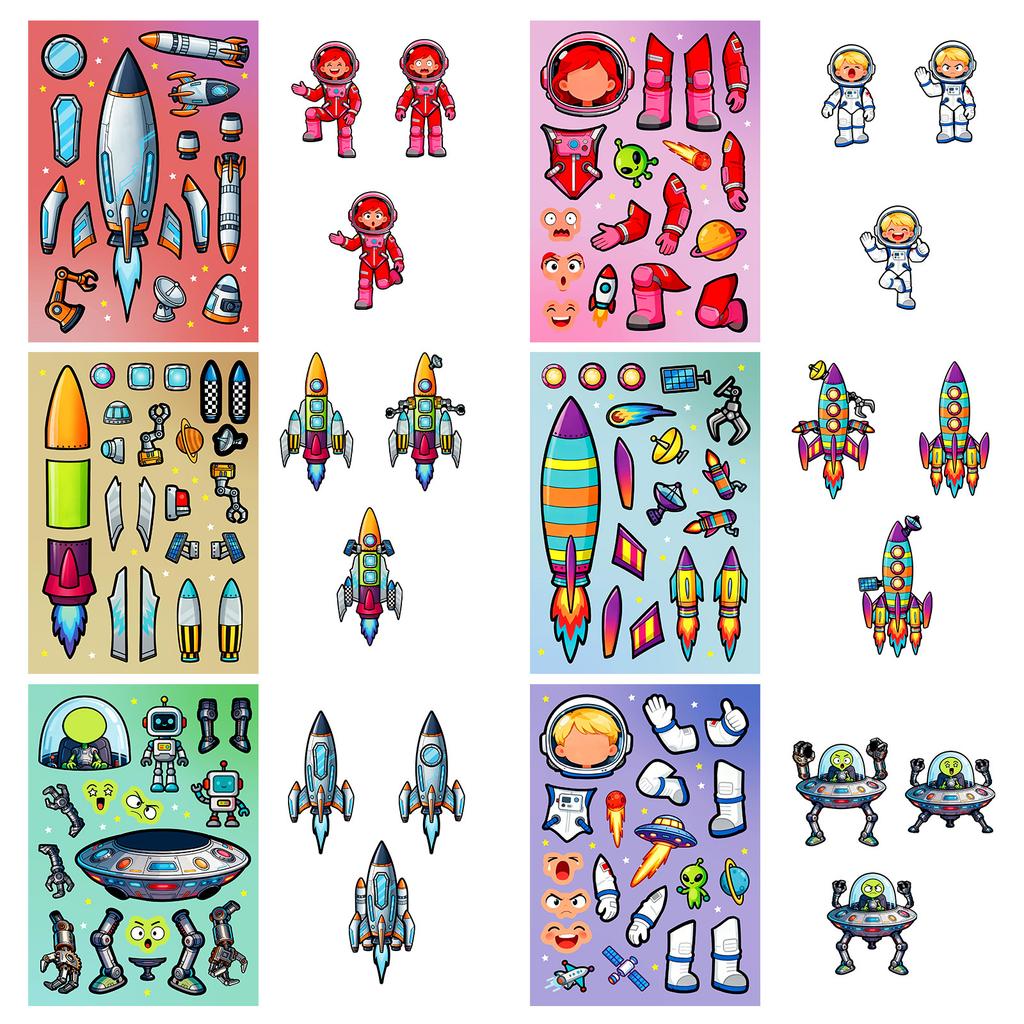 New 6 Sheets/Pack Colorful Space Adventure Puzzle Face Change Sticker Cartoon Rocket Astronaut Children Hands-On Brain Collage