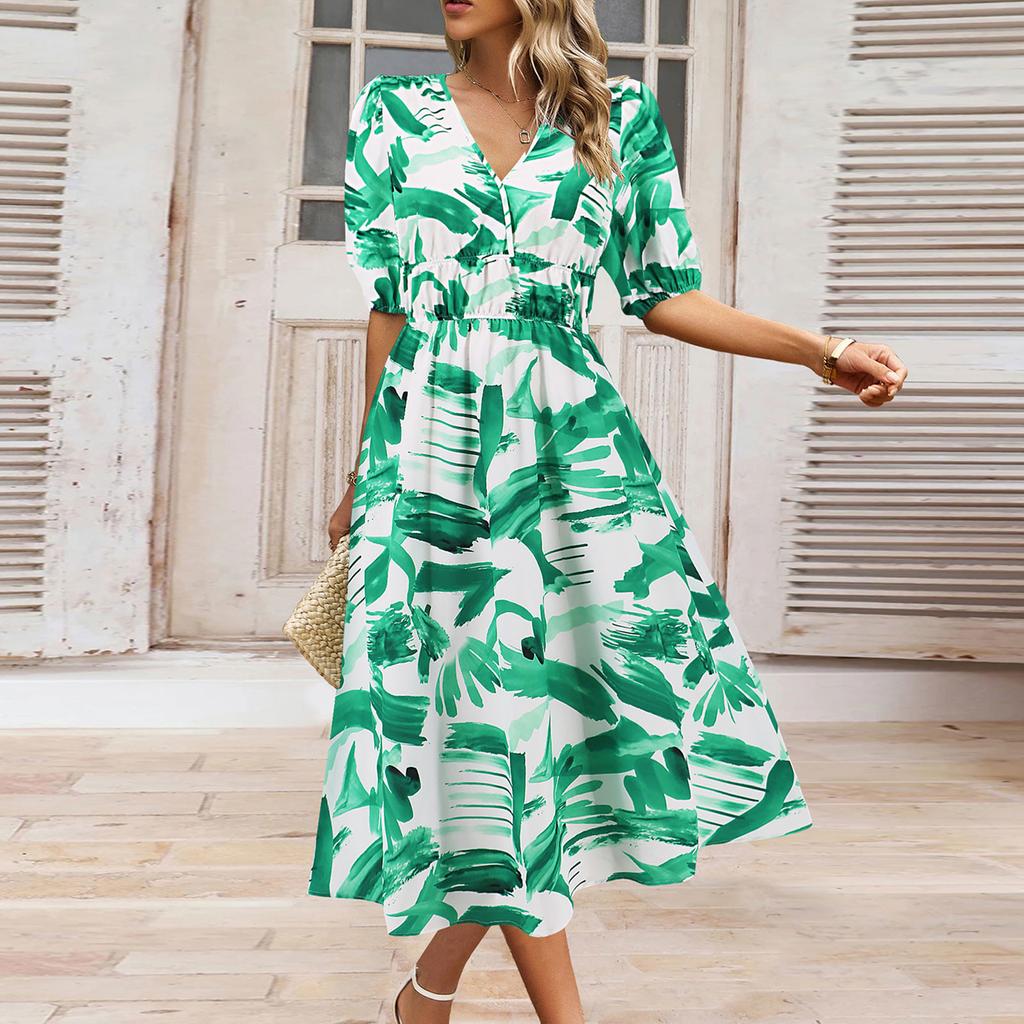 Women's V-Neck Bohemian Print Short Sleeve Dress A-Line Skirt