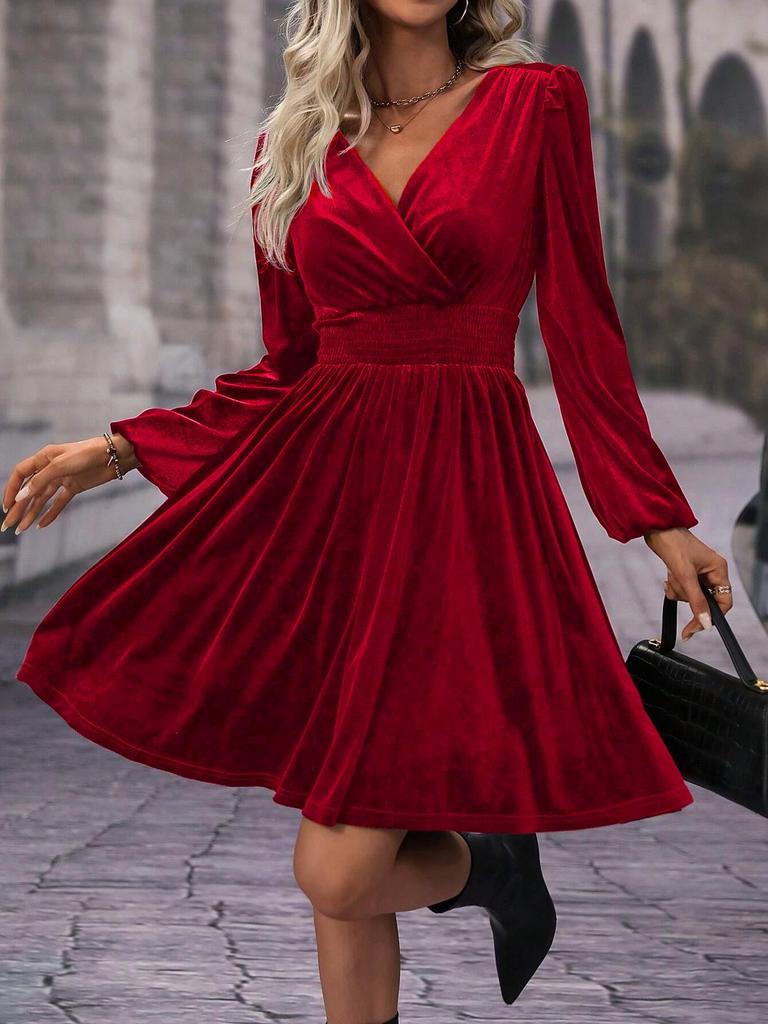  New Autumn/Winter Velvet V-Neck Long-Sleeve Dress – European & American Style