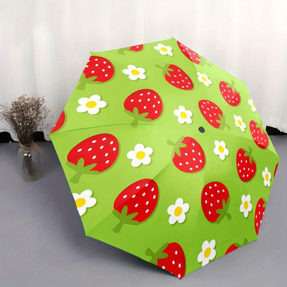 Automatic Open/Close Umbrella with Strawberry & Floral Pattern - Compact Folding Umbrella, Lightweight Travel Umbrella with 8-