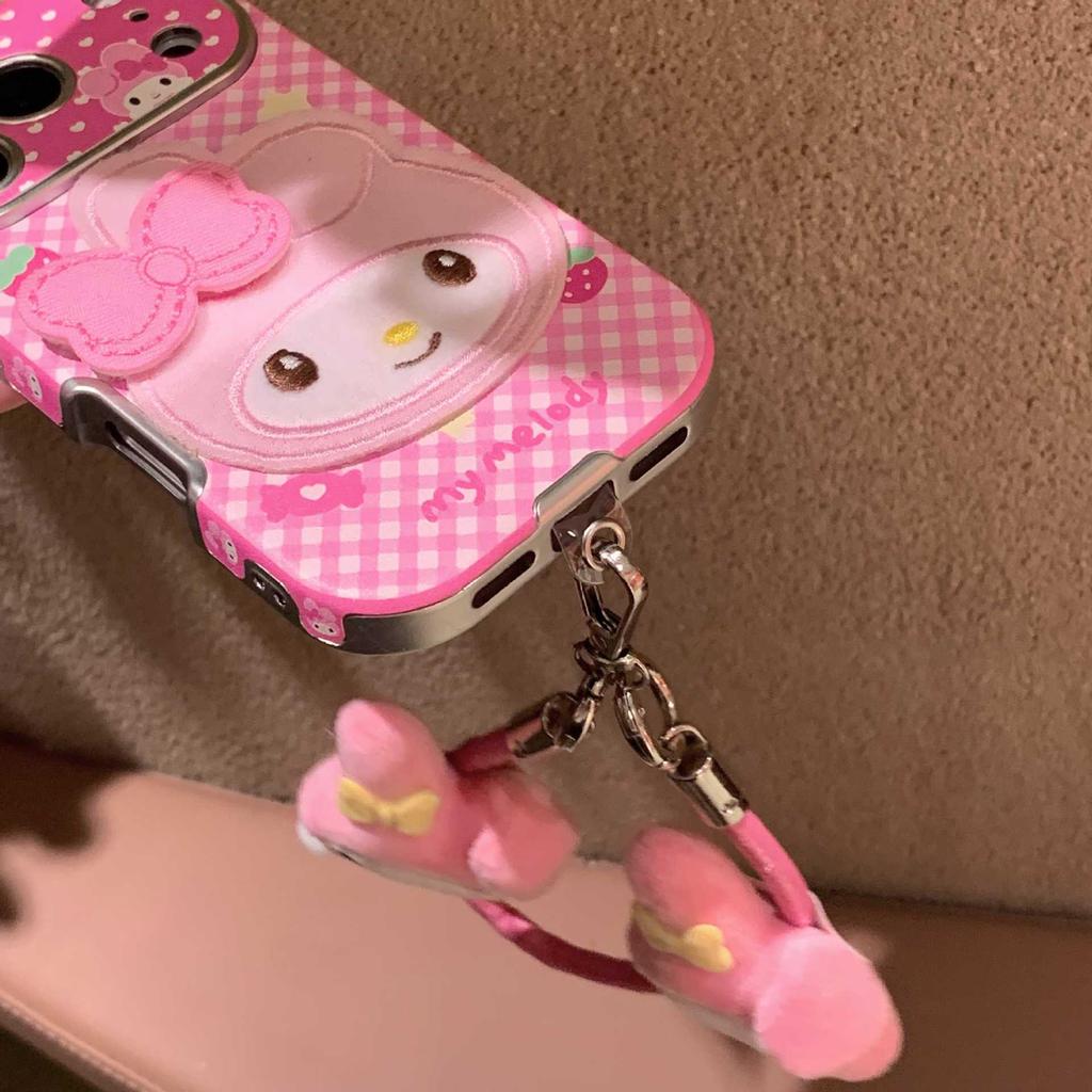Sweet Girl Pink Plaid Cartoon Hand Strap Phone Case for iPhone 17/16 Pro Max/15/14