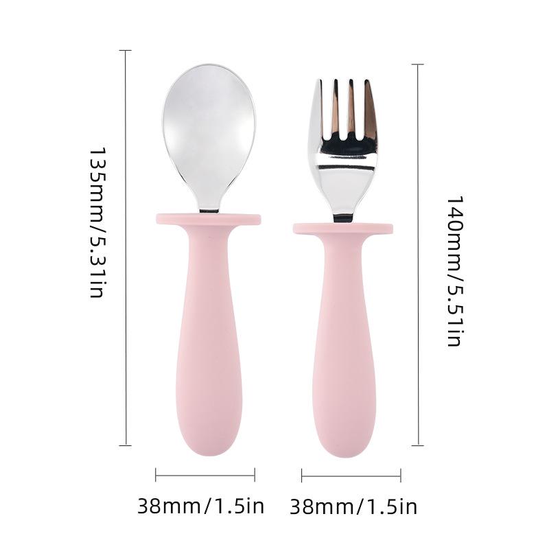 304 Stainless Steel Baby Feeding Set: Long-Handled Silicone Fork & Spoon