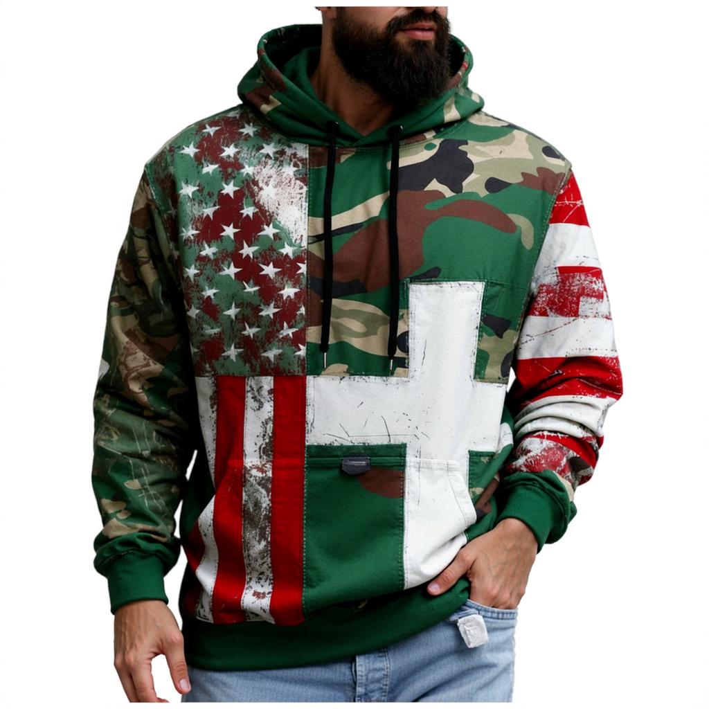 Men's Vintage Casual American Flag Cross Hoodie Patriotic Shirt