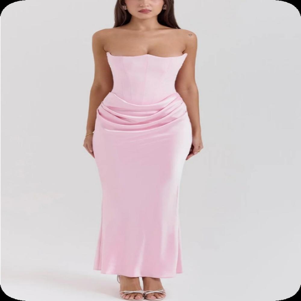 Sexy Satin Evening Club Party Dresses Women 2026 Summer Strapless Off Shoulder Fishbone Ruched Maxi Long Dress Elegant Robe