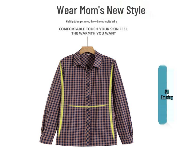 Elegant Plaid Long-Sleeve Shirt for Women Aged 50-60