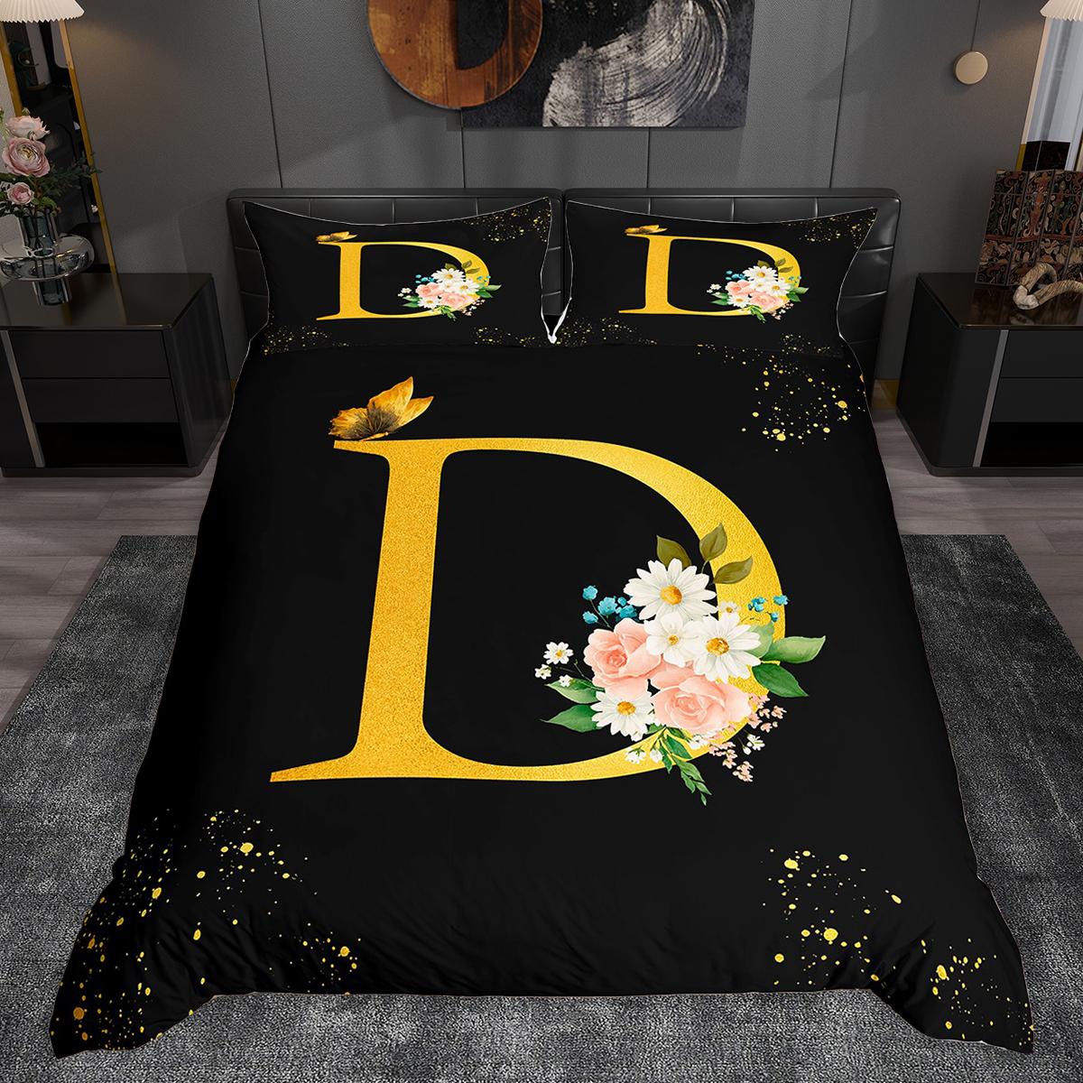 

Homewish Black Gold Duvet Cover Set For Girls Aesthetic Marble Comforter Cover Set Rose Monogrammed Initial Bed Set EU Single(135*200cm)3pcs