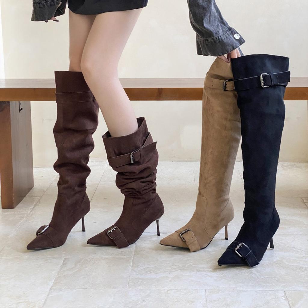 2025 new European and American autumn and winter retro pleated stacking boots western cowboy boots fine heel high heel boots suede square boots