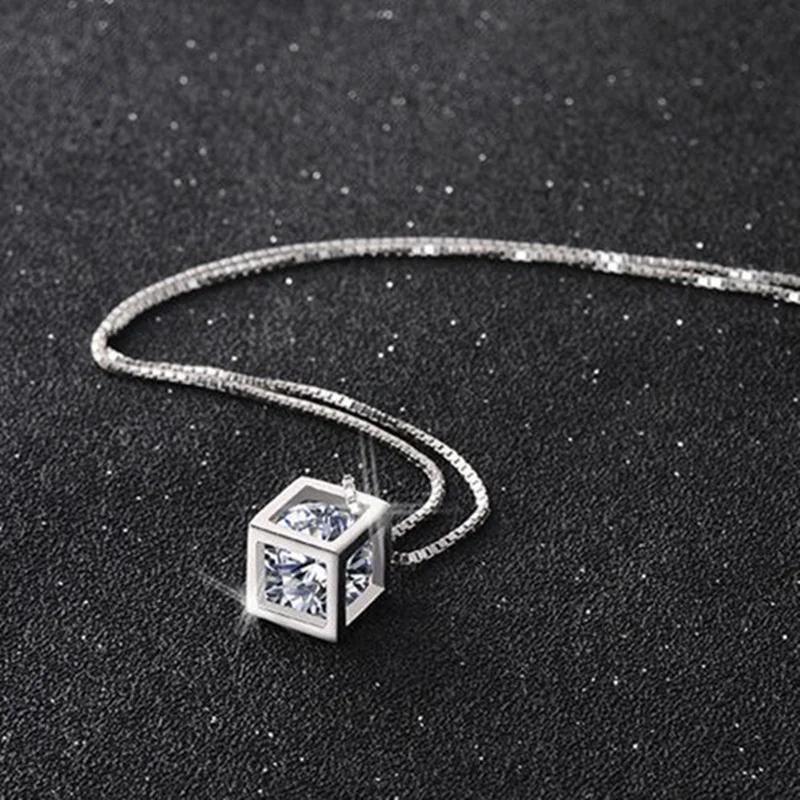 925 Silver Square AAA Zircon Pendant Necklace for Women 18 Inch Birthday Wedding Gift