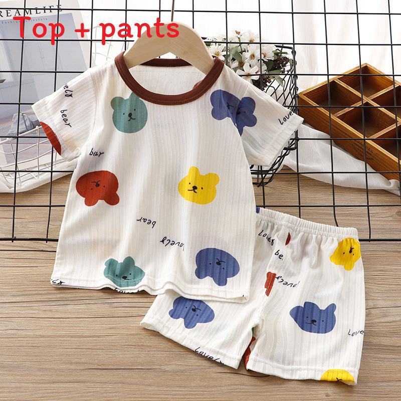 Baby Summer Ice Silk Shorts Pajama Set With Cartoon Prints For Toddler Sleepwear