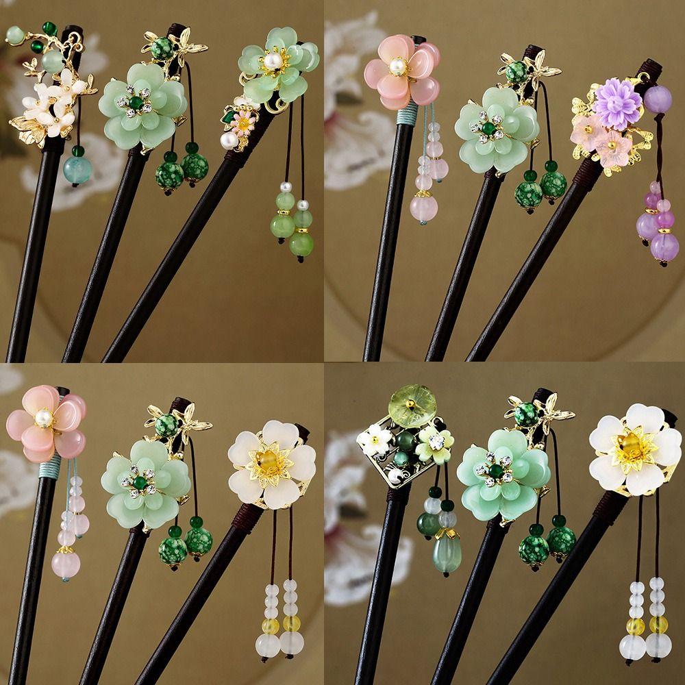Decorative Chinese Style Flower Hair Sticks Handmade with Tassel Hair Chopsticks Retro Hair Fork Wooden Hairpin for Hanfu