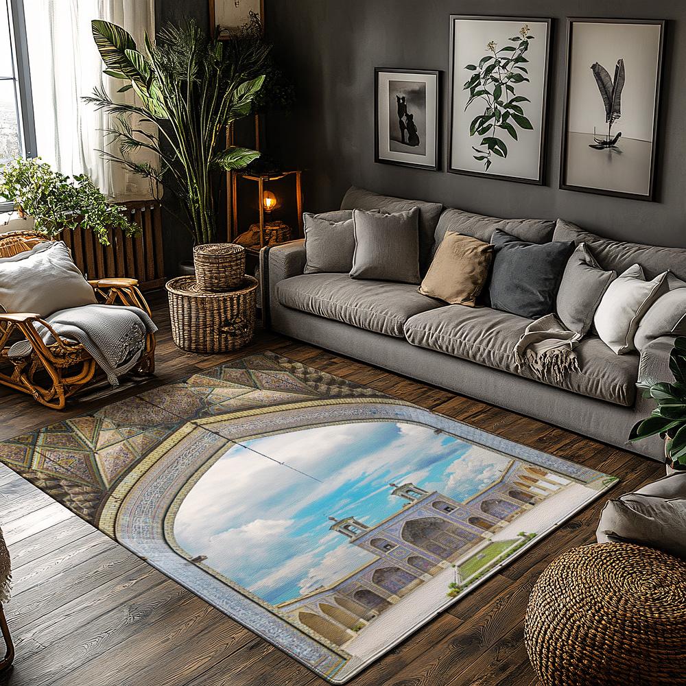 

Sky Architecture Scenic Rug, Blue White Landscape Carpet for Living Room, Soft Non-Slip Sofa Mat with Bohemian Decor 50x80cm
