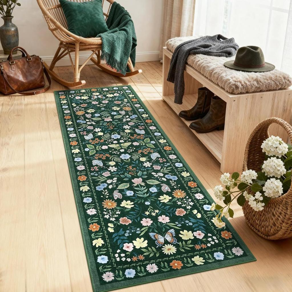 Floral Butterfly Pattern Runner Rug Countryside Style Non-Slip Floor Mat Boho Retro Corridor Living Room Hallway Decor Carpet
