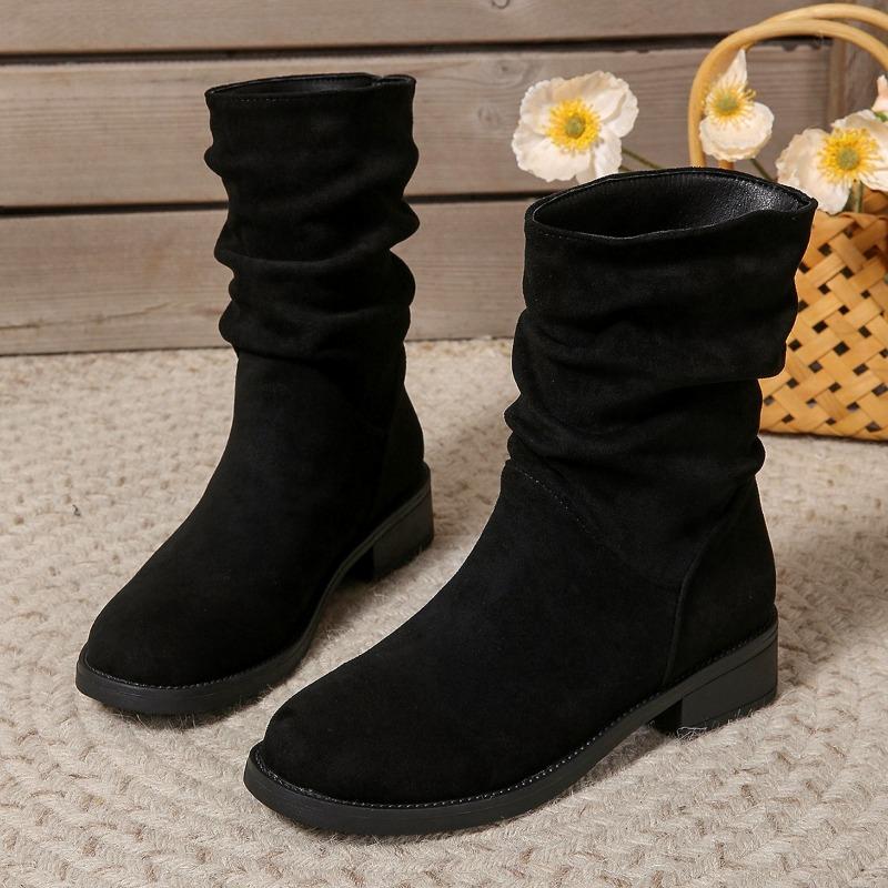 2024 Fashionable and Comfortable Women's Boots Autumn Round Toe New Solid Color Short Tube Thick Heel Sleeve Suede Fashion Boots