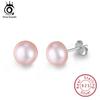 ORSA JEWELS Real 925 Sterling Silver Stud Earrings For Women Genuine Fresh Water Pearl 8 MM Gold-color Female Party Jewelry SE86