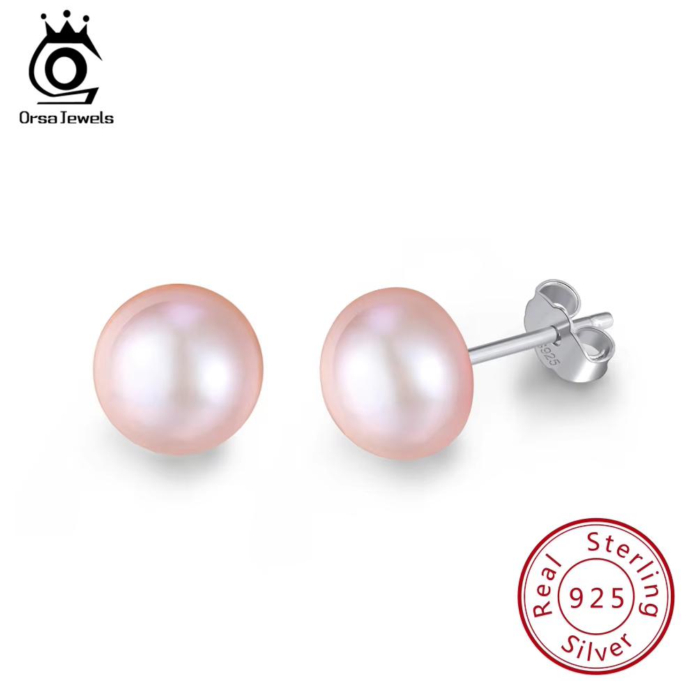 ORSA JEWELS Real 925 Sterling Silver Stud Earrings For Women Genuine Fresh Water Pearl 8 MM Gold-color Female Party Jewelry SE86