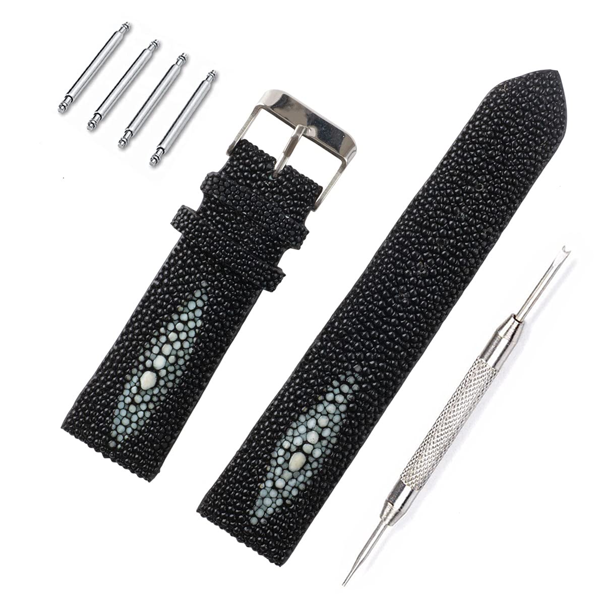 

[Revetta] Stingray Leather Watch BandStrap, Galusha, Black, 22mm, with Spring Bars and Spring Bar Removal Tool [090-1stb22-1-1]